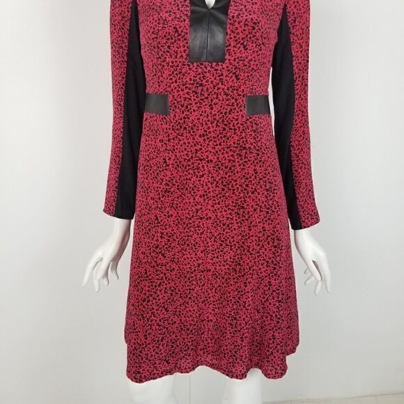 Nanette Lepore Womens Size 4 Pink & Black Leopard Print Silk Leather Trim Dress - Picture 3 of 6